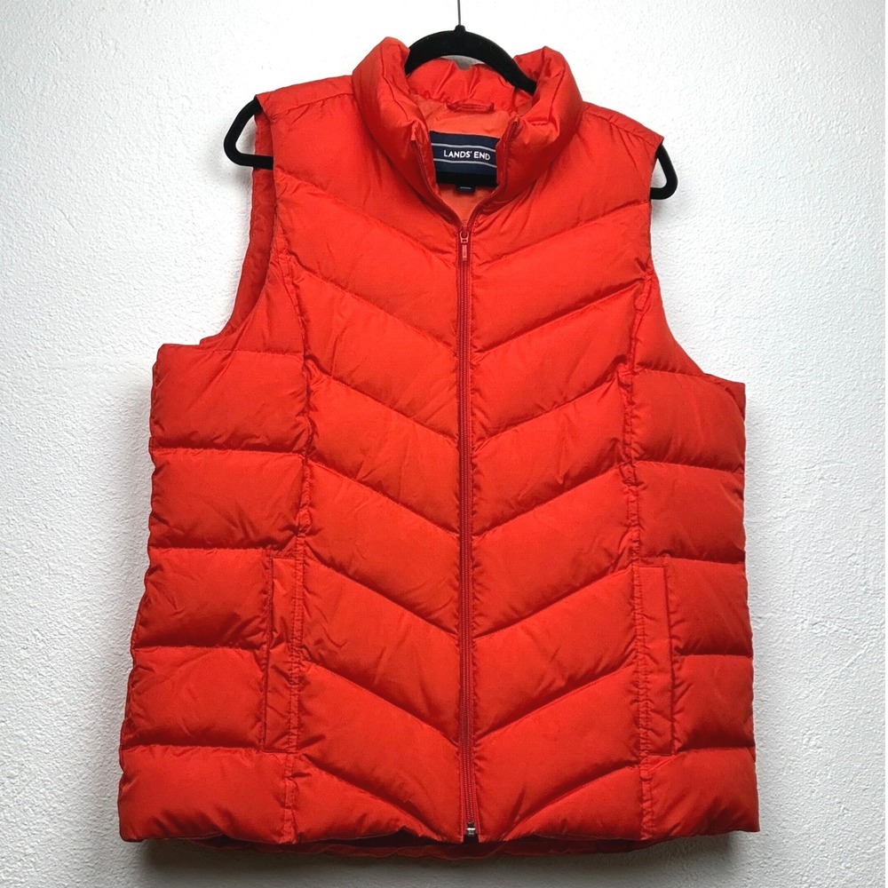 Lands End Orange Puffer Vest - XL/T - Down Filled Chevron Quilted Tall Outdoor